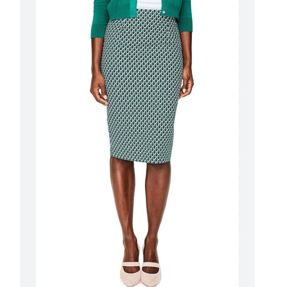 Boden Richmond Pencil Skirt Green Geometric Print Cotton Stretch Size 12 Long - Picture 1 of 9
